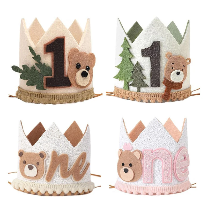 1Pcs Little Bear One Year Old Birthday Crown Cartoon Animal Theme Happy 1st Birthday Party Baby Shower Decor Photo Props