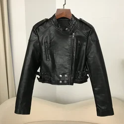 New Fashion Faux Leather Biker Jacket Women High Waist Fashion Slim Short Motorcycle PU Coat Spring Cropped Jacket Female