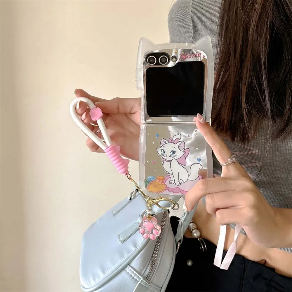 Cute Disneies Mary Cat 3D Cat Ear Lanyard Phone Case for Samsung Galaxy Z Flip 3 4 Z Flip 5 6 5G PC Hard Mirror Film Back Cover