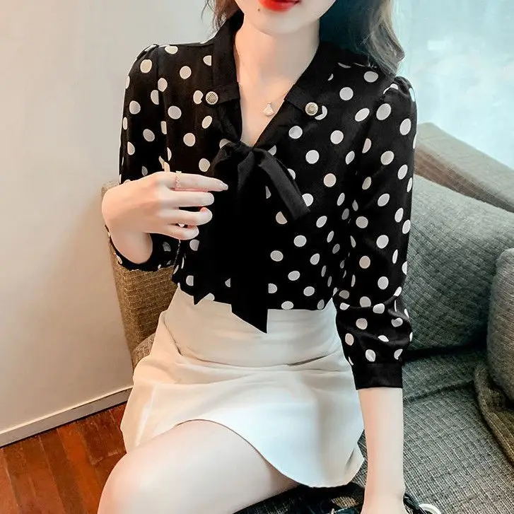 ファイオナブルな水玉模様シフォン女性用トップス、2025年夏新作、スリムフィット、七分袖プルオーバー、Sサイズ