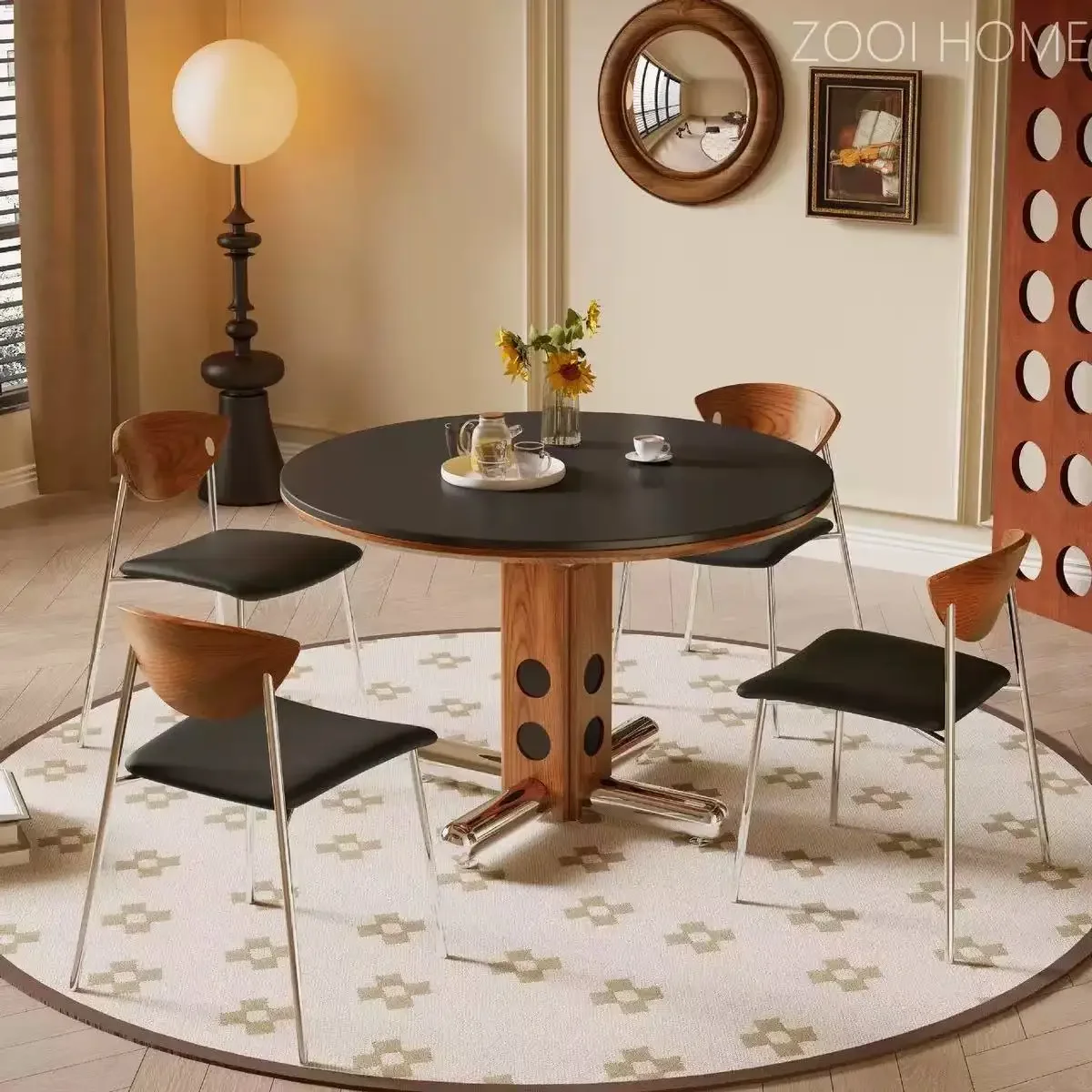 Middle round solid wood slate household small apartment high-end stainless steel round table Bauhaus Nordic