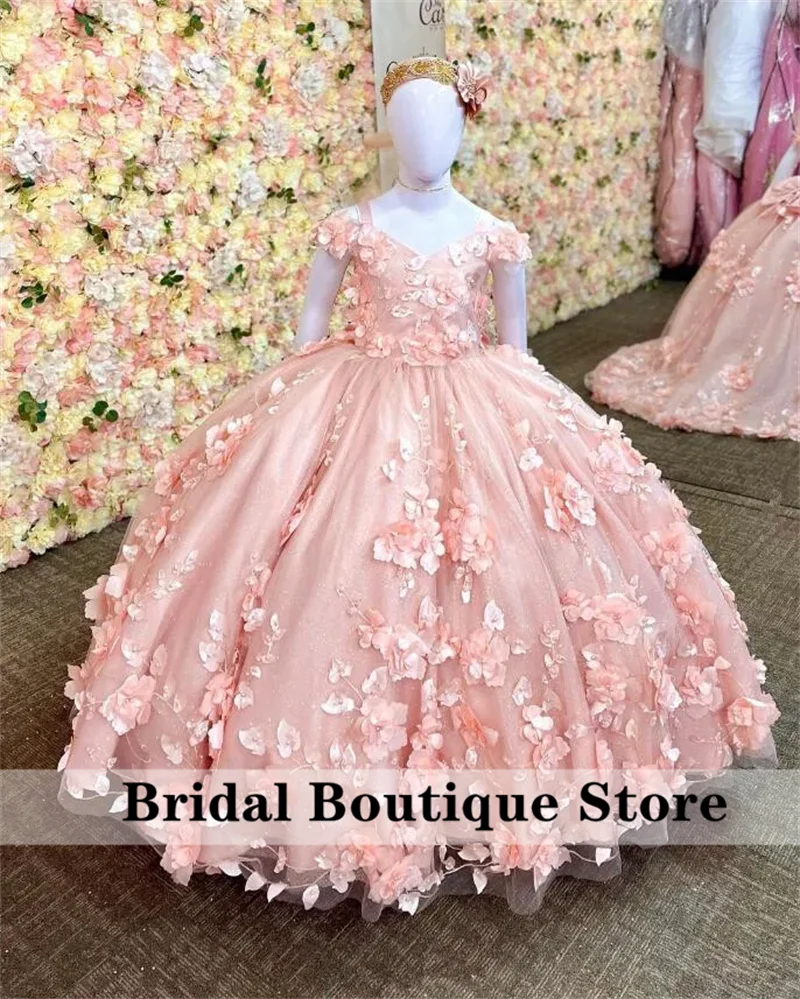 

Pink 3D Flower Girls Dress Off Shoulder Princess Ball Gown Applique Pearls Crystals Beads Child Birthday Party Gown Customized