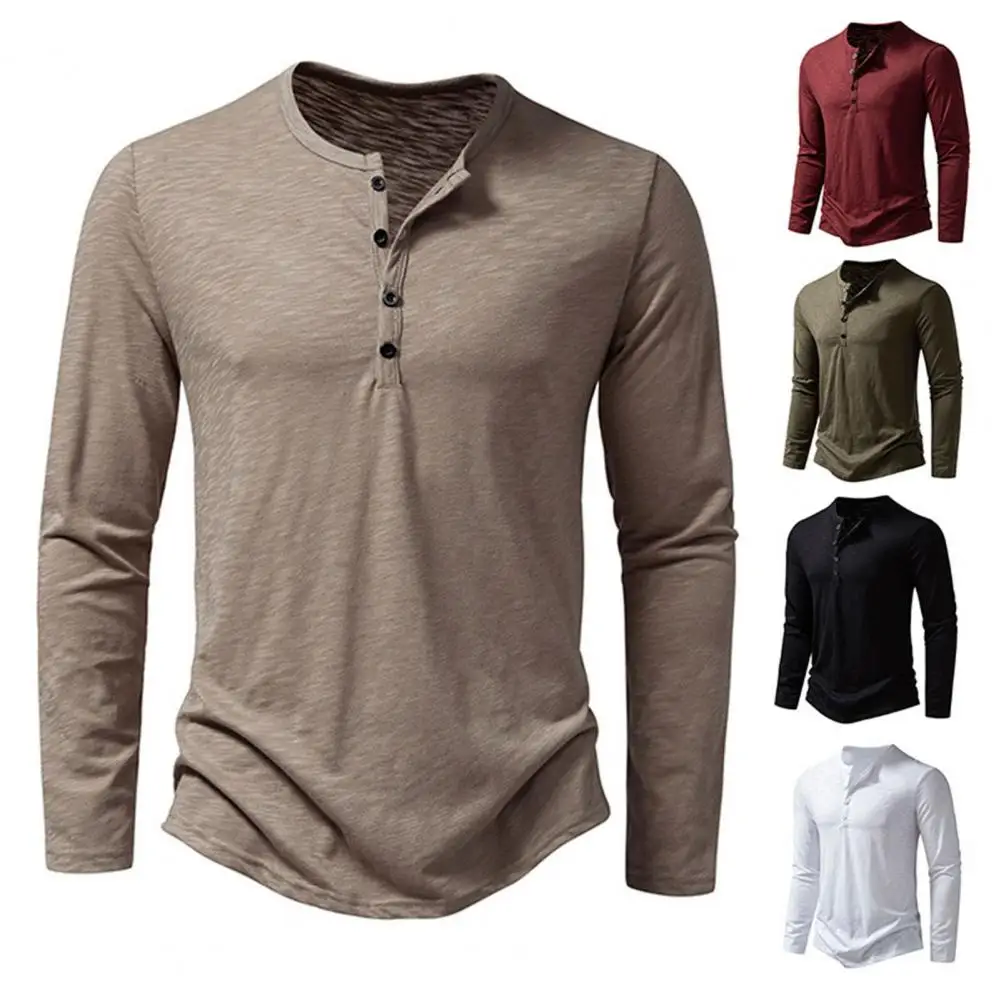 2024 Cotton Men's Button Neck Shirt Long Sleeve Casual Button Solid Color Fashion T Shirts Slim Fit Bottoming Tee Shirt