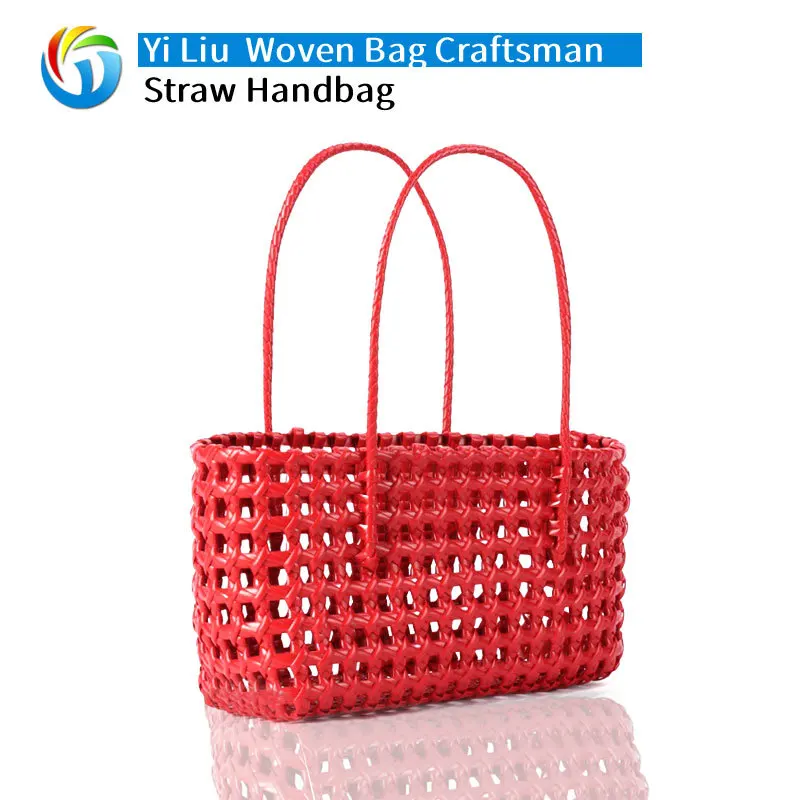 

Оптовая продажа от производителя, новая красная пластиковая тканая сумка, полая сумка ручной работы, портативная сувенирная корзина для овощей, пляжная сумка для женщин