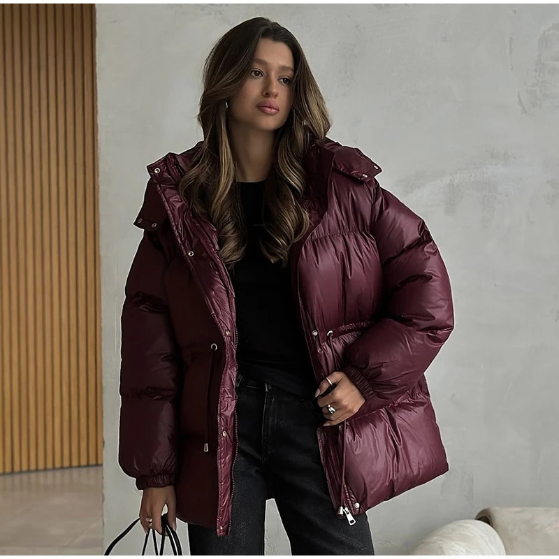 Fashion Solid Drawstring Cotton Jacket Women Chic Long Sleeve Zipper Loose Hooded Coat Winter Lady Warm Daily Street Outwear