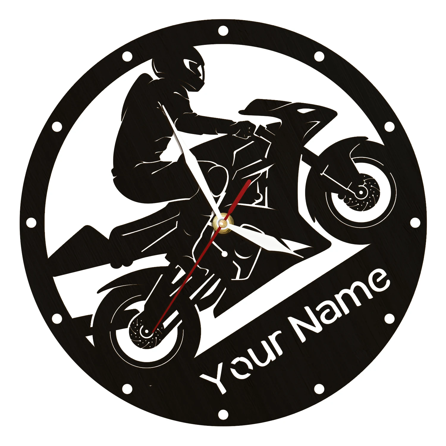 

Черные деревянные настенные часы для гоночного мотоцикла с индивидуальным именем для мужской пещеры, спальни, мотоцикла, персонализированные деревянные часы с именем гонщика