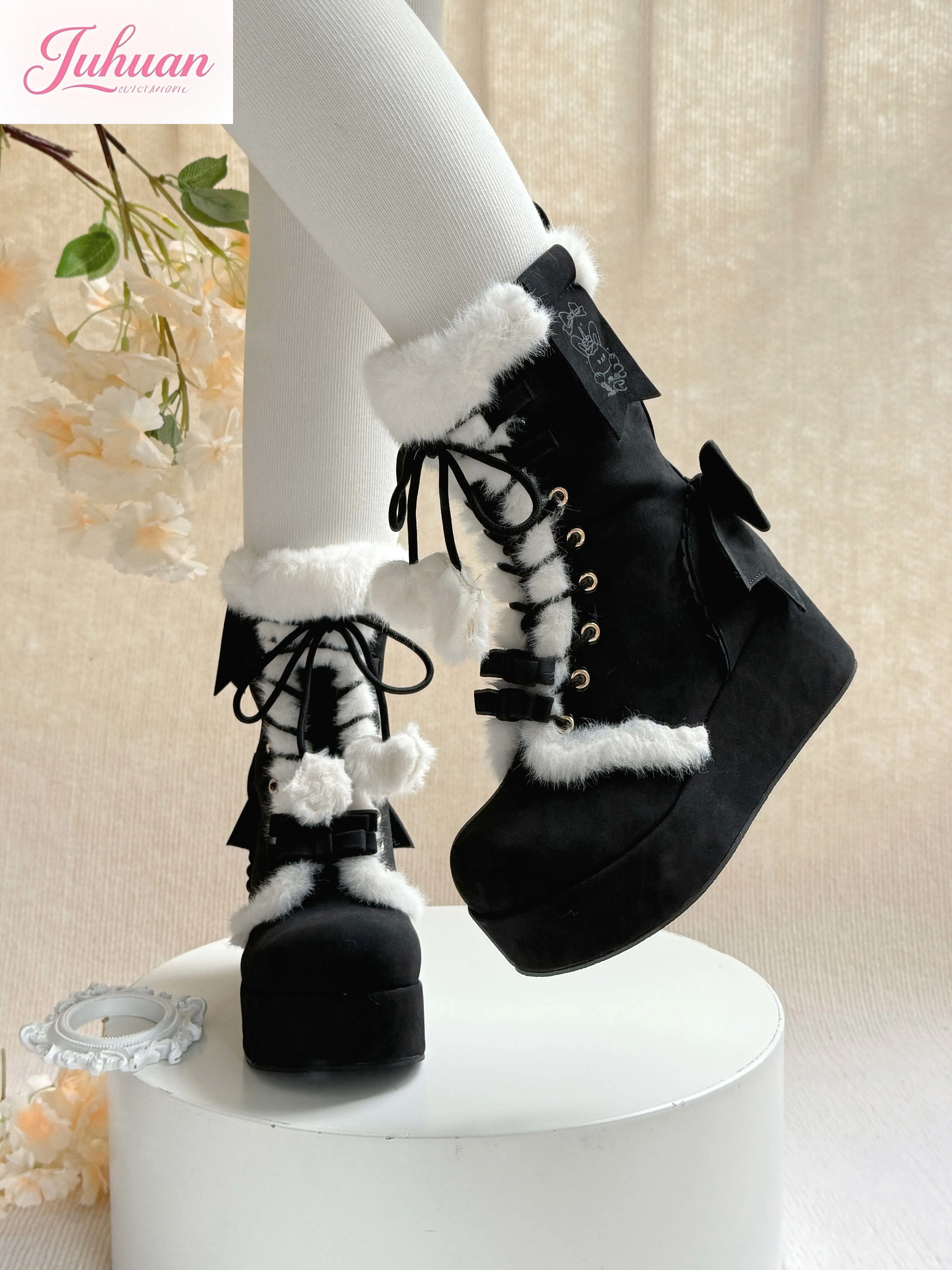 Japonais automne hiver doux mignon plate-forme Lolita Bow moelleux coton chaussures avec polaire chaud plate-forme chaussures neige chaussures doux fille