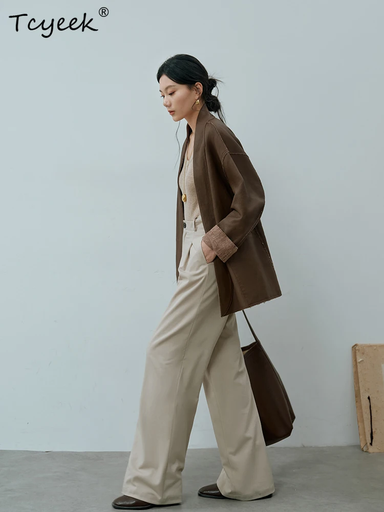 Tcyeek peau de mouton printemps automne haut de gamme rétro Double face col en v couleur café femmes veste en cuir véritable Jaqueta Couro