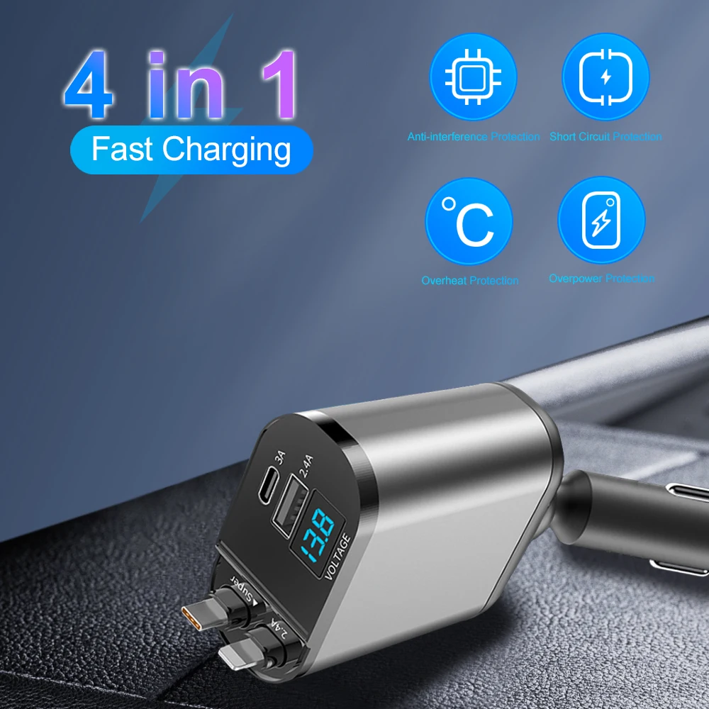 

Автомобильное зарядное устройство 4 в 1, 120 Вт, выдвижной адаптер CarLighter, USB Type C, кабель для быстрого зарядного устройства для Xiaomi Huawei Samsung