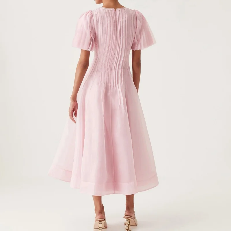 Verão 2025 feminino em torno do pescoço dupla camada tecido trabalho pesado vestido de manga curta y2k alta qualidade moda rua a linha saia