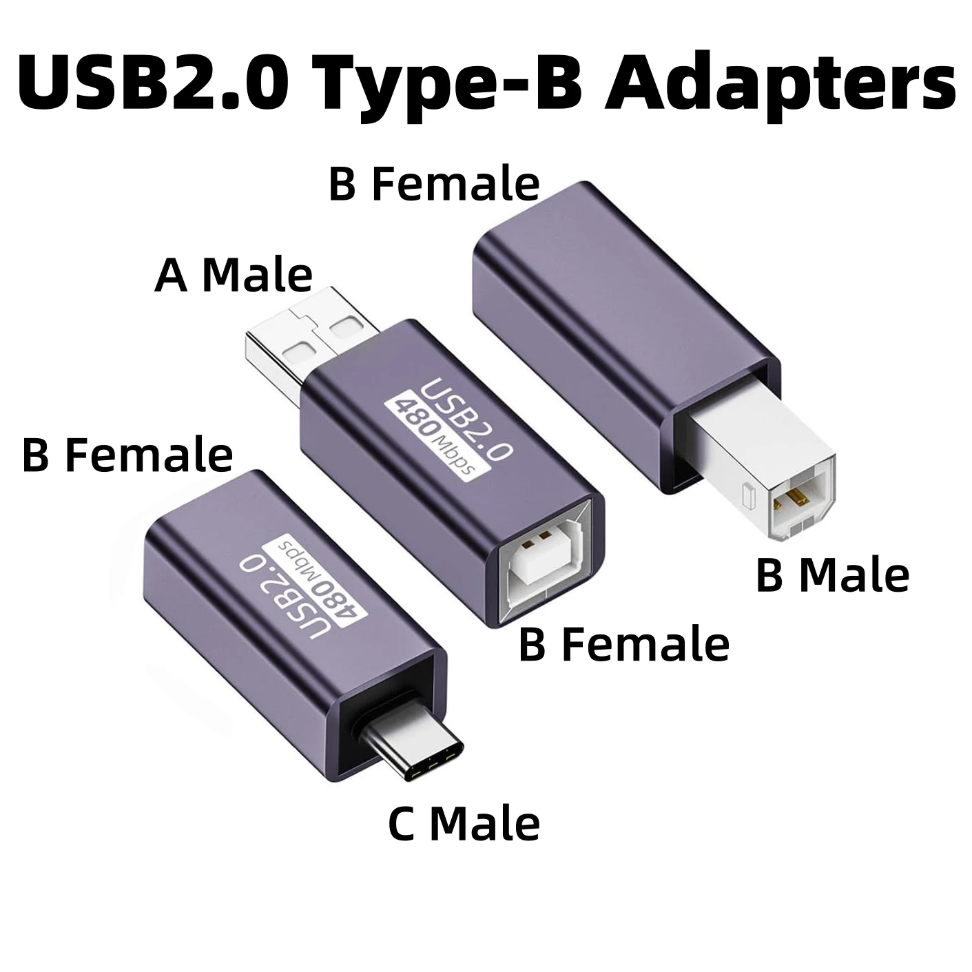 

USB 2.0 B Female Printer Cable Adapter Type-A, Type-B, Type-C Plug to Type-B Jack Data Cable Connector 480Mbps 20W 9V2A Charging