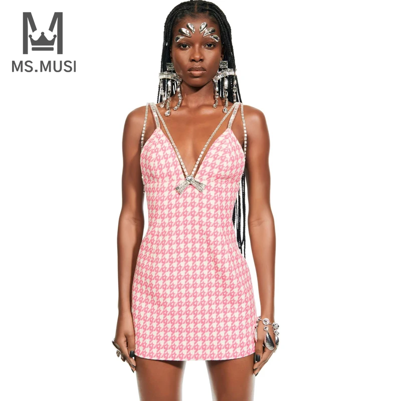 

MSMUSI 2024 New Fashion Women Sexy Slim Strap Crystal Bow Chain Sleeveless Backless Bodycon Party Club Event Mini Dress Vestidos