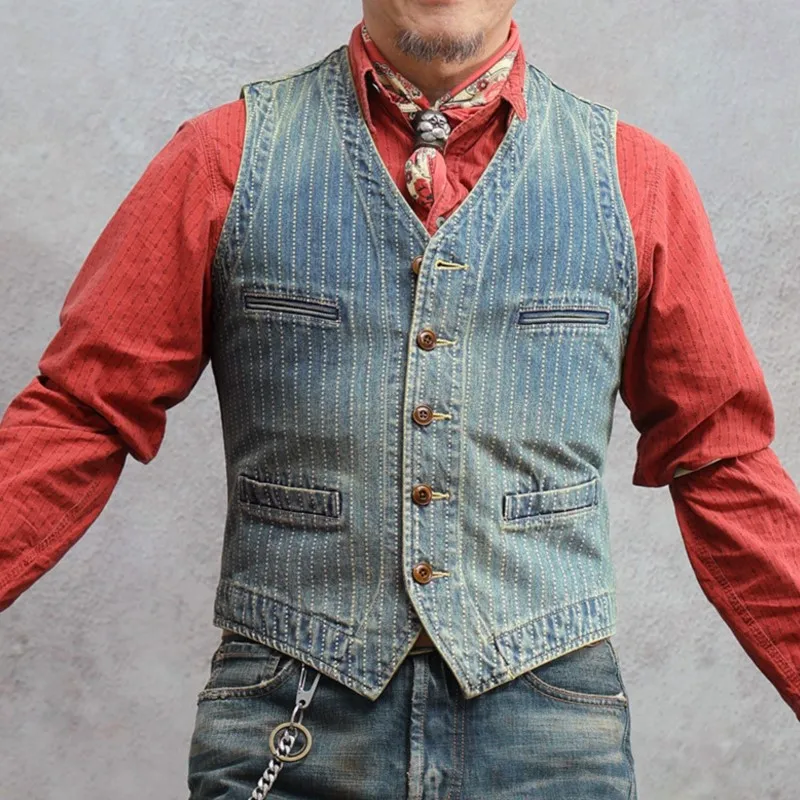 Amekaji American Retro Striped Denim Vest Dyed Distressed Minority All-Match Kaji Casual