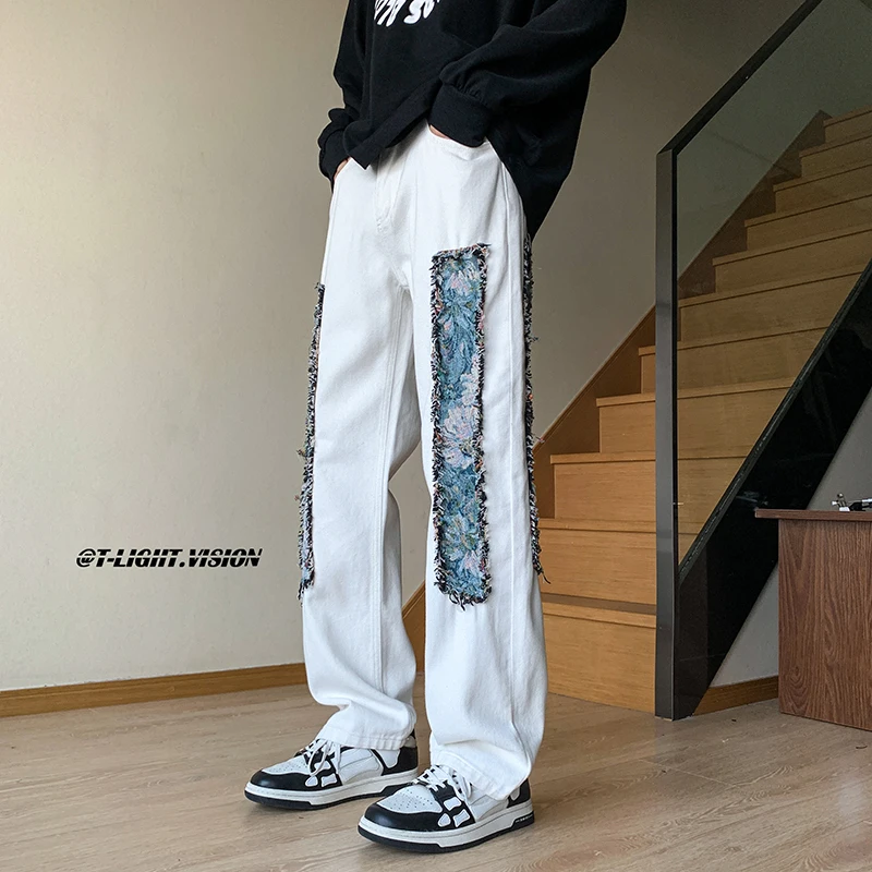 

Streetwear Jeans Personality Calico Patch Denim Pants Men Women New Loose Fashion Street Hip Hop Wide Leg Mid Waist Trouser