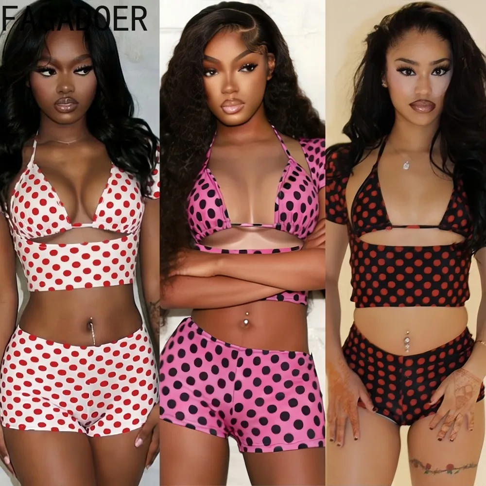 

FAGADOER Spring New Sexy Polka Dot Print Patchwork Woman 3 Piece Set Outfit Short Sleeve Crop Top and shorts Female Streetwear