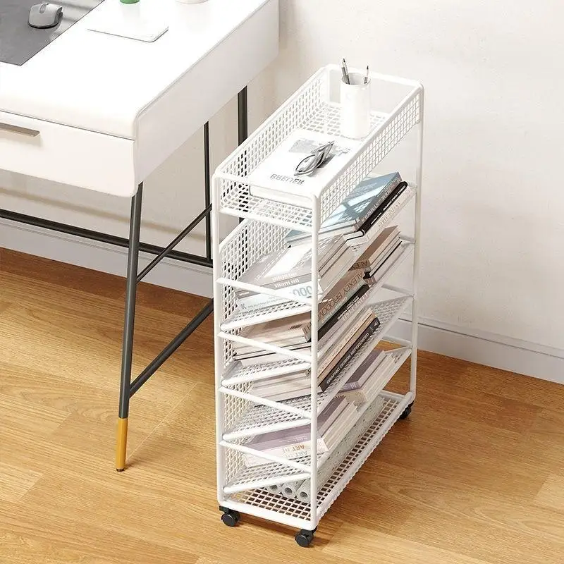 Móvel Standing Floor Storage Rack, estante de livros pequeno, simples com polia, Student Desk Side, estante