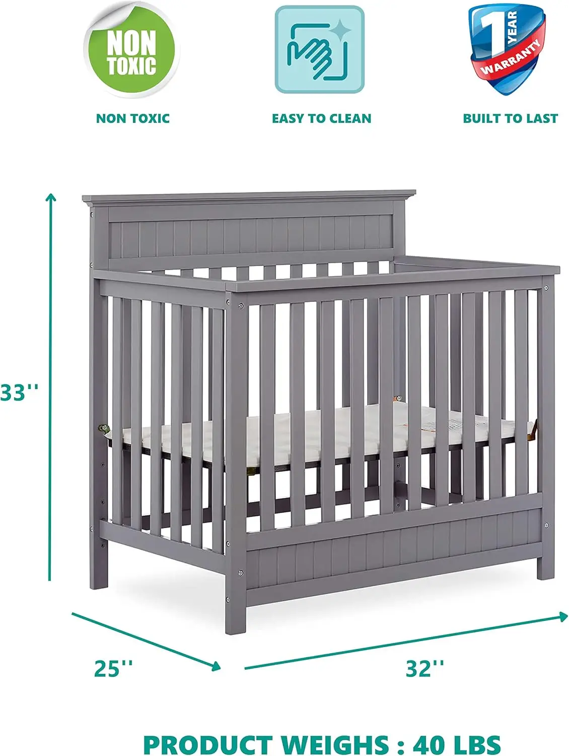 Harbor 4-in-1 Convertible Mini Crib in Storm Grey, Greenguard Gold Certified