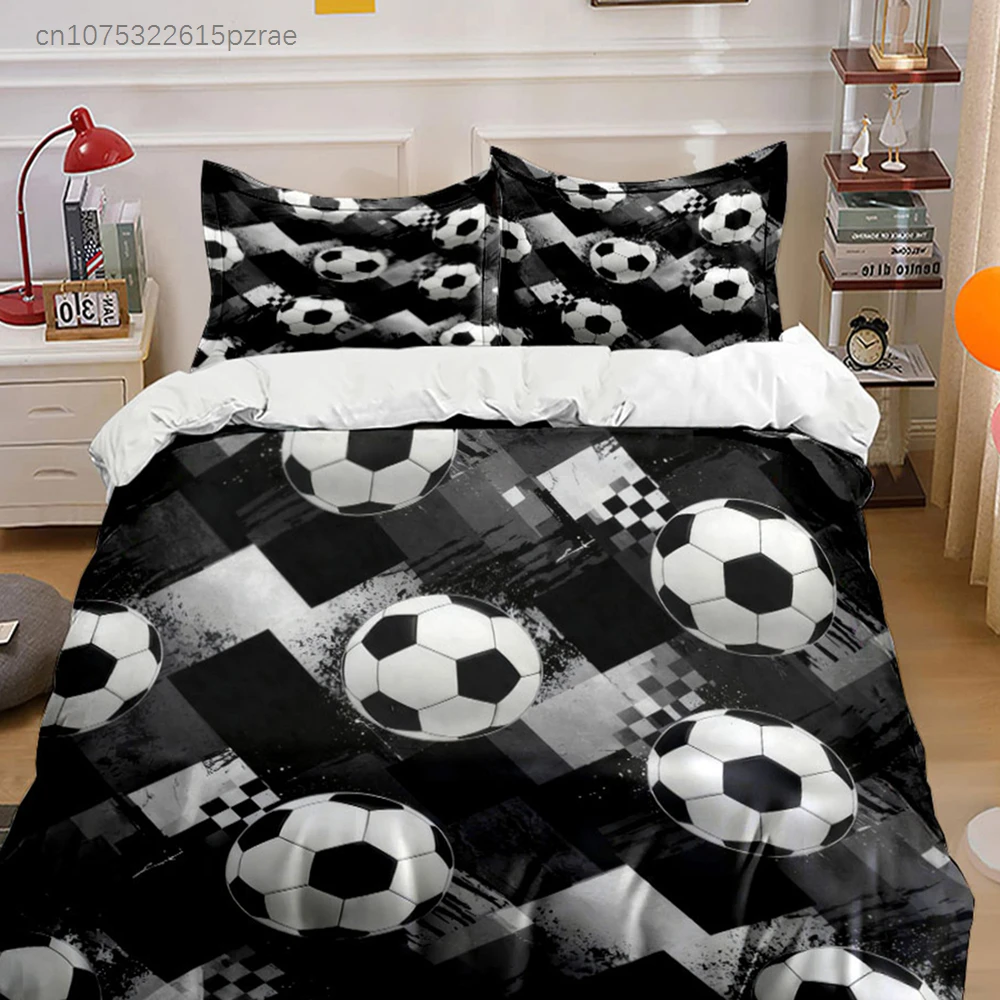 Black And White Checkered Soccer Ball Pattern 3PCS Bedding Set Soft Microfiber Bedding Set For Football Fans Bedroom