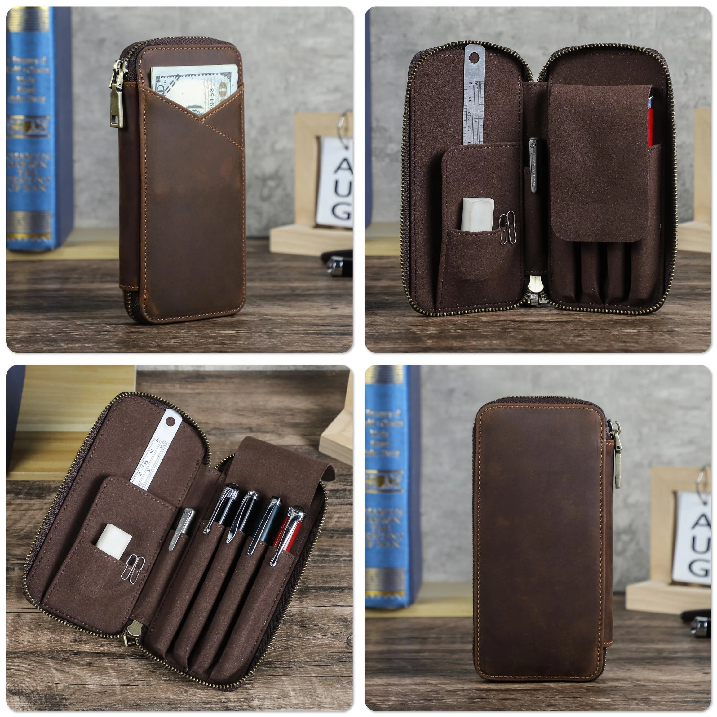 Top Grain Genuine Leather 4 Fountain Pen/Pencil Case Pouch, Handmade Design, Zipper Closure with Multi-Function, Gift For Office