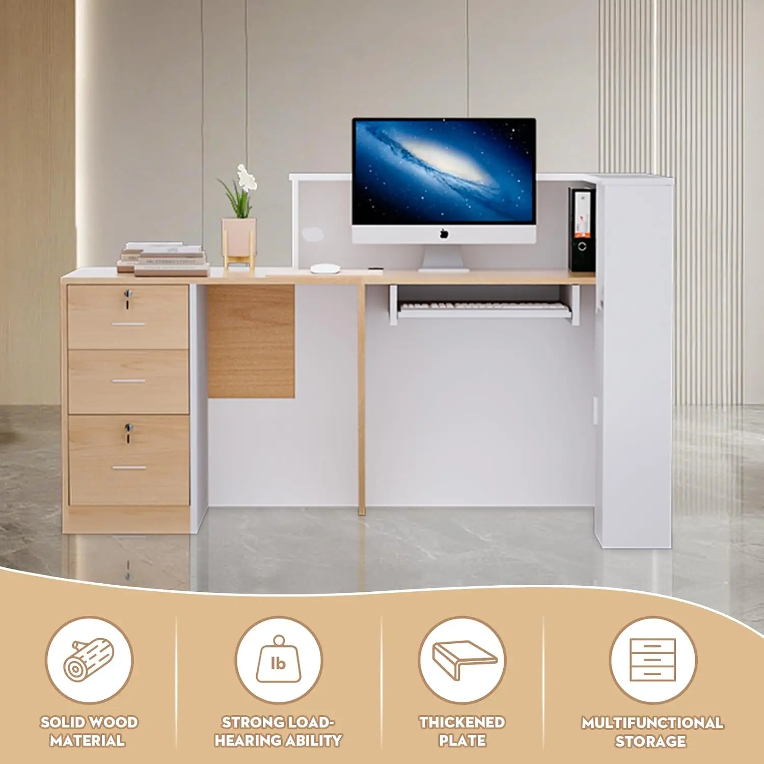 Reception Desk with Lockable Drawers, L-Shaped Large Wooden Modern Front Desk Reception Counter with Storage & Keyboard Tray, fo view 3