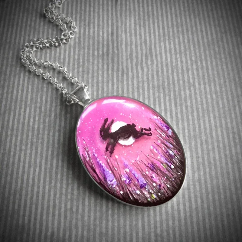 Bohemia Style Unique Hand Painted Leaping Hare Pink Moon Art Photo Glass Pendant Necklace