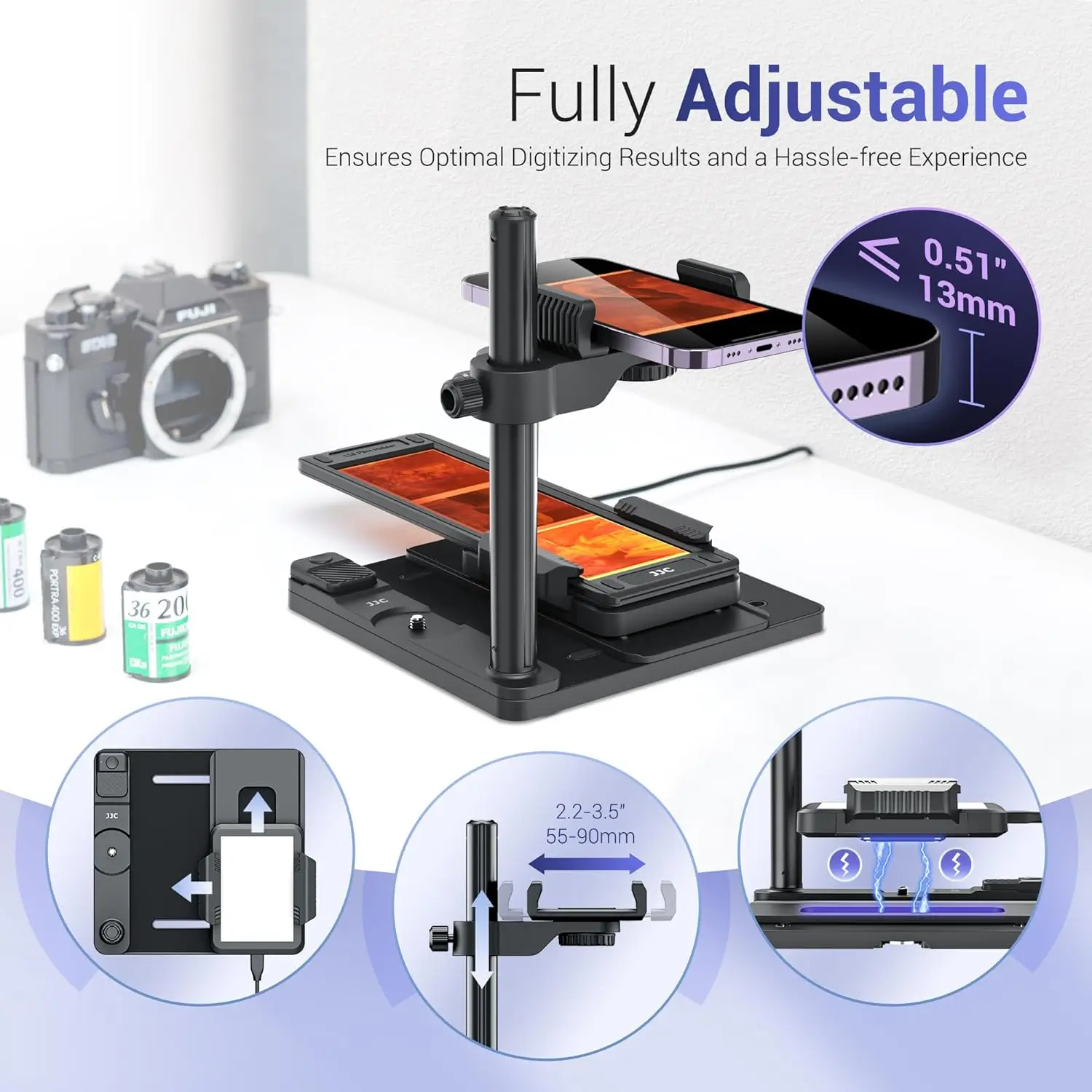 JJC Mobile Negative Film Scanner 35mm 120 Film Scanner Set with Adjustable Backlight Negative Film Holder Scan Old Photo to JPG