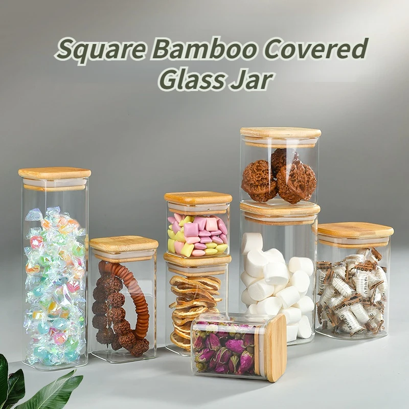 Square bamboo lid sealed transparent glass jar Food dry goods tea multi-grain coffee storage jar Large capacity spice container