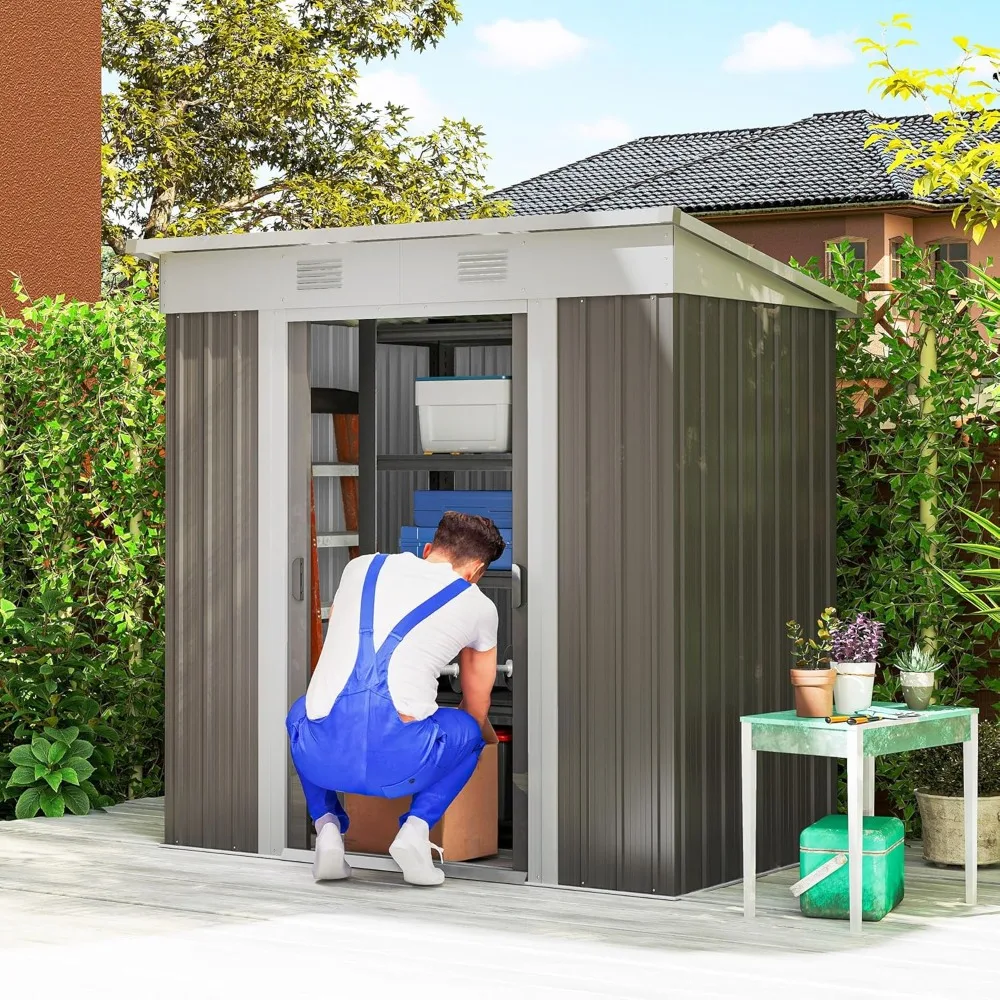 

6 Feet by 4 Feet Metal Lean-to Garden Shed with Outdoor Storage, Garden Tool Storage, Double Sliding Doors, and Two Air Vents fo