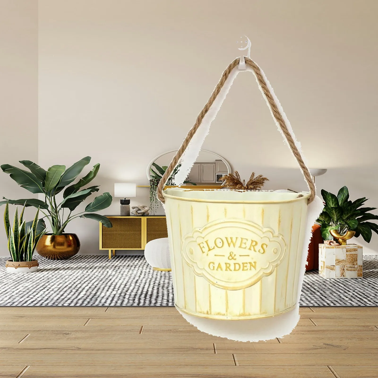 Rustic Half-Round Wall Planter | Distressed Cream Finish, Space-Saving Vertical Design, Hanging Planter with Rope, for Patio