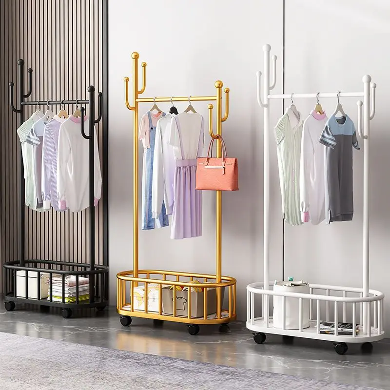 Floor Standing Coat Racks with Wheels Movable and Thick Clothes and Hats Rack Household Light Luxury Bedroom Cloth Storage Shelf