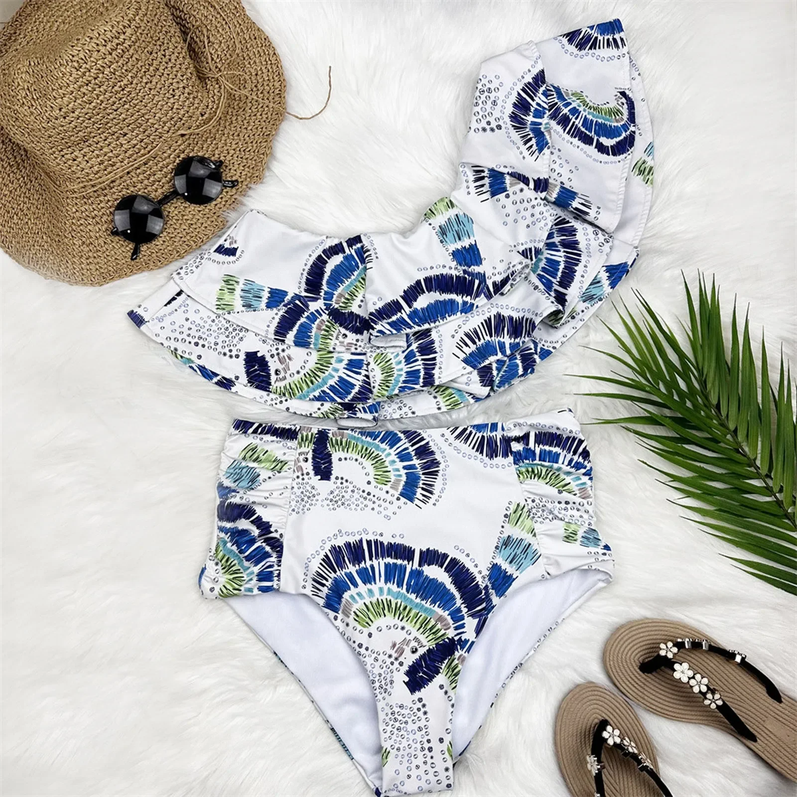 Mode à volants deux pièces Bikini large sangle épaule inclinée taille haute plissé Triangle maillot de bain élégant vacances maillots de bain