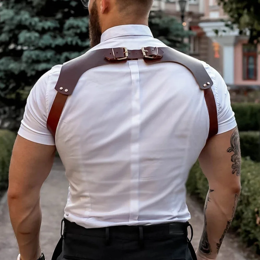 Men\'s Suspenders Vintage Brown PU Leather Straps Braces Suspender Men Harness Punk Chest Shoulder Belt Strap Apparel Accessories