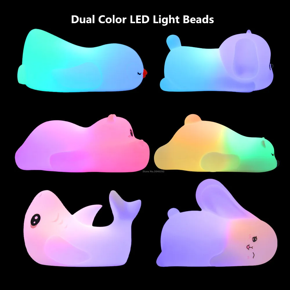 LED Night Light Bear Dog Hippo Rabbit Lamp USB Rechargeable Touch Sensor Dual Color Silicone Animal Lamp for Children Baby Gift