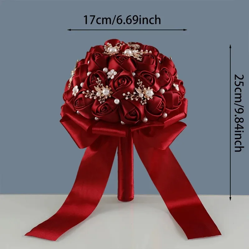 باقات زفاف أنيقة من اللؤلؤ الساتان، باقات يد زفاف باللون الأحمر الخمري، لأعياد الميلاد وعيد الحب والمناسبات الأخرى