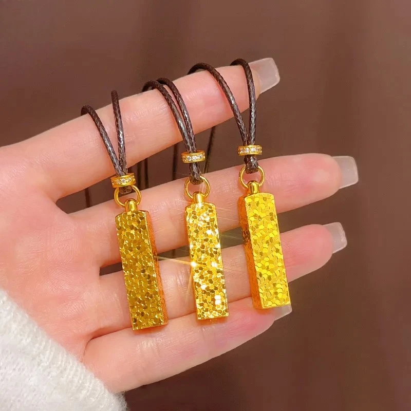 

18 Gold Plated Copper Crushed Ice Ice Square Wealth Pendant Necklace Solid Crushed Gold Square Brick Pendant Vintage Female Gift