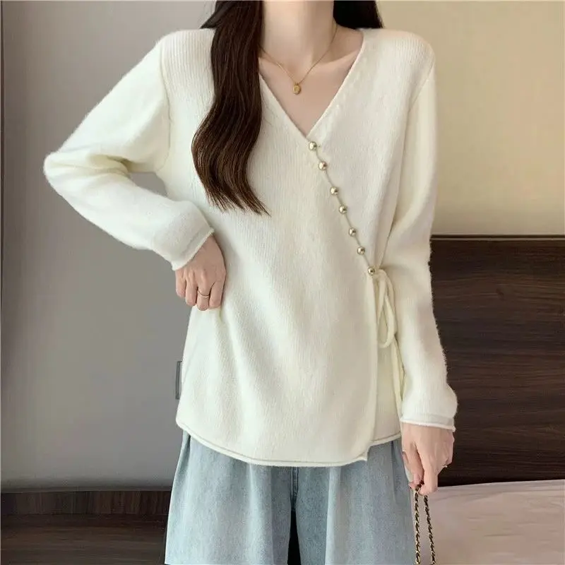 Female Clothing Vintage V-Neck Sweaters Fashion Irregular Drawstring Autumn Winter New Solid Color Casual Loose Knitted Cardigan