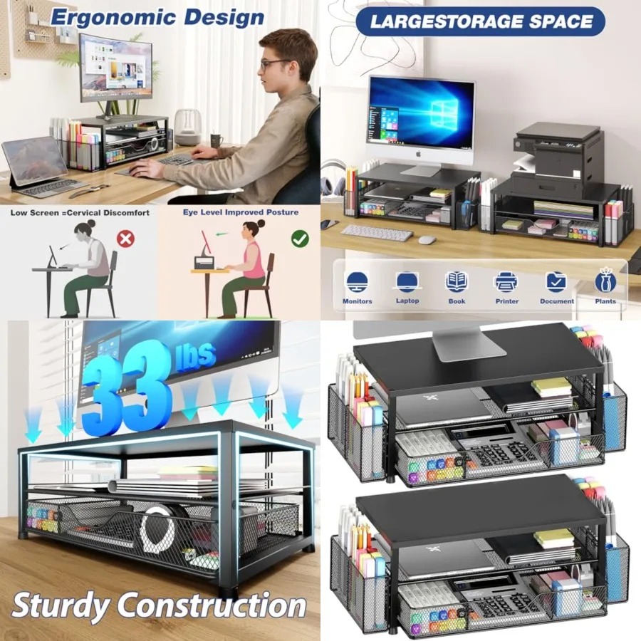 Desk Organizer and Accessories, 2-Tier Computer Monitor Stand Riser with Drawer and 2 Pen Holders, Laptop Stand, Office Desk Ac
