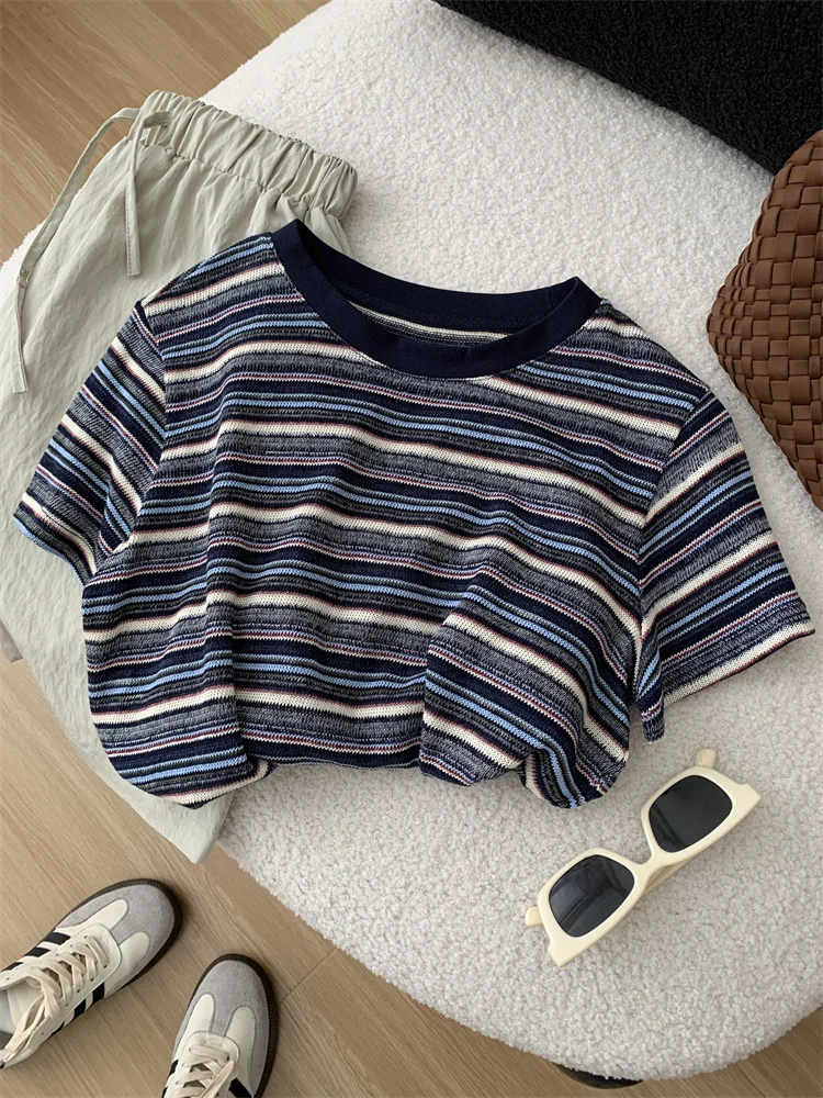 

Striped Cotton Knit Short Sleeved Women's Slim Round Neck Shoulder T-shirt for Spring Summer