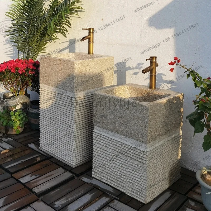 Stone Wash Basin Outdoor Natural Stone Basin Freestanding Column Wash Basin Outdoor Integrated Sink