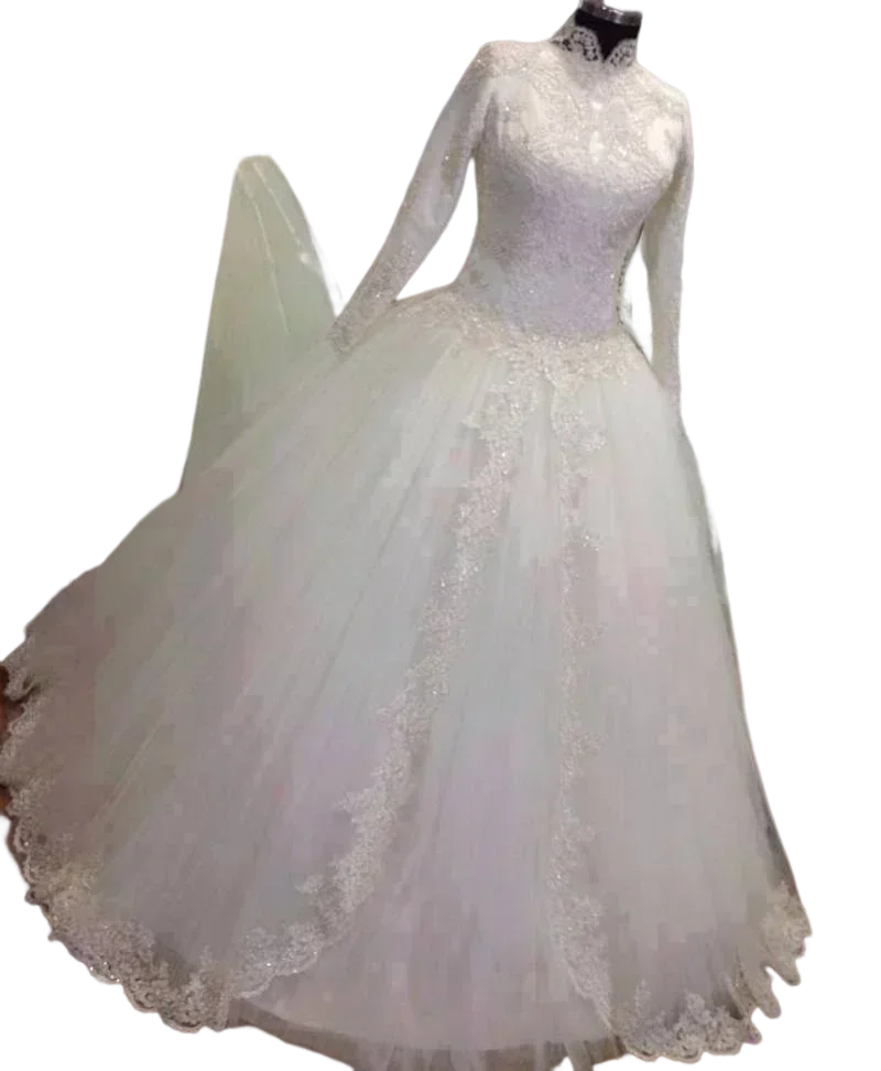 Customized  High Neck Lace Appliques Wedding Dresses Court Train Vestidos De Novia Tulle Puffy Ballgown Muslim Bridal Gown