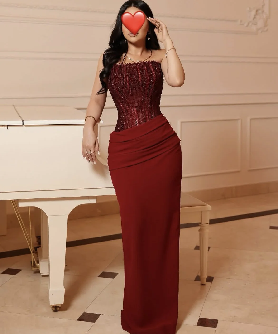 Shining Burgundy Evening Dress Strapless Sequins Top Satin Bottom Zipper Back Party Dresses Saudi Arabia