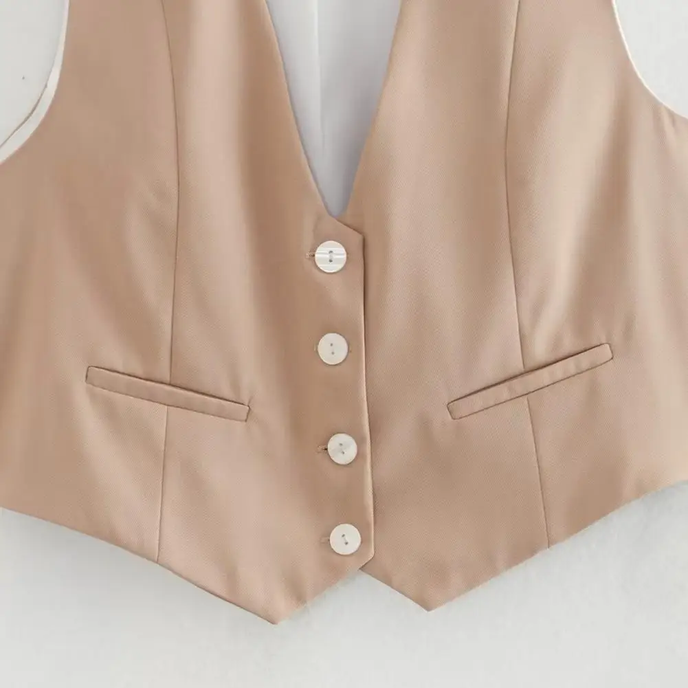 Women Short Vest Elegant V-neck Office Vest for Women Formal Single-breasted Waistcoat Solid Color Stylish Ol Commute Cardigan