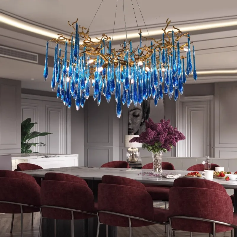 Nordic Luxury Blue Crystal Ceiling Chandeliers LED Lights Water Droplet Post-modern Designer Foyer Restaurant High-end Hanglamps