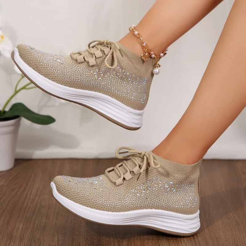 Ladies Shoes 2024 High Quality Lace-up Women's Vulcanize Shoes Fashion Crystal Ladies Casual Shoes New Round Head Mesh Sneakers