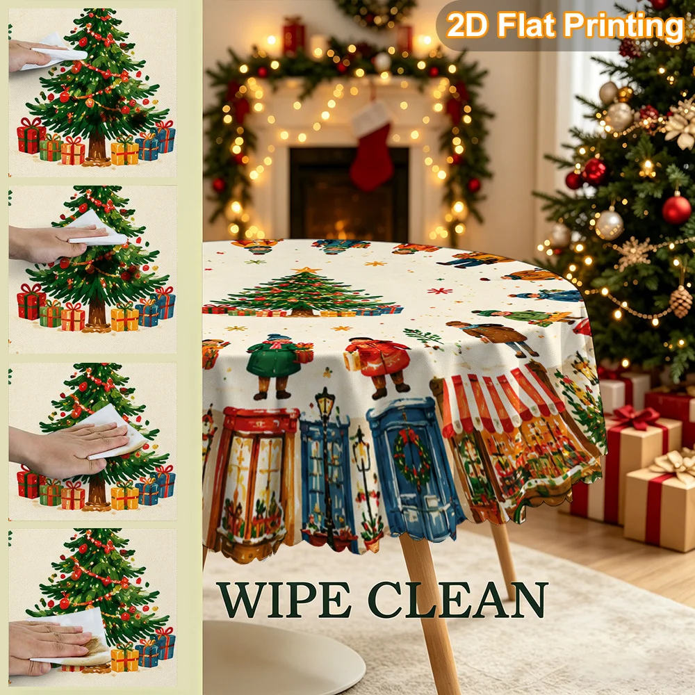 Tablecloth Christmas Gift 2D flat. 1 piece Round Christmas Town Scene Design Round Tablecloth