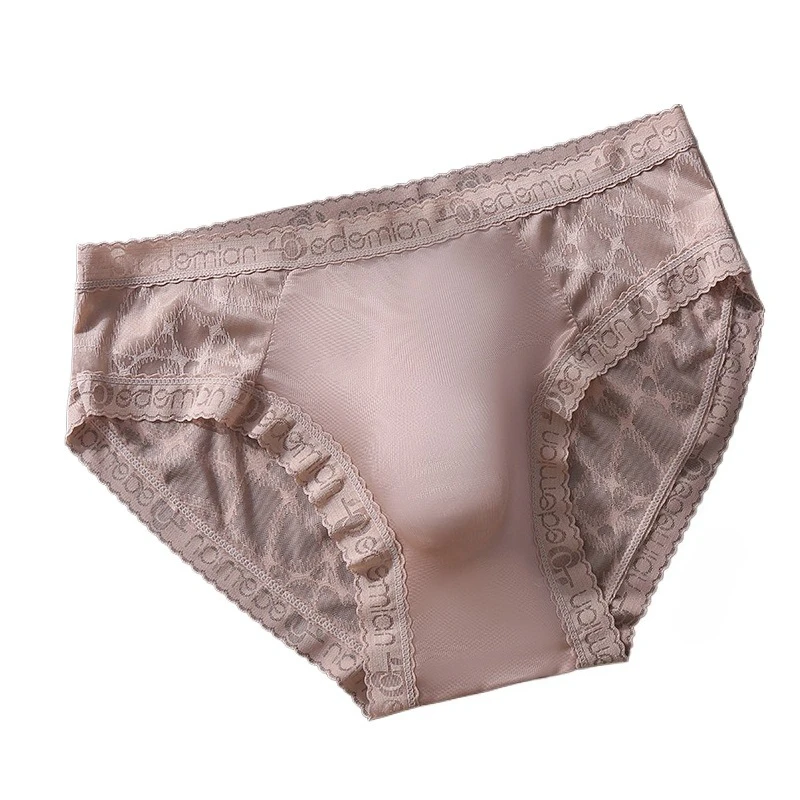 Men's Briefs Sexy Lace Mesh Traceless Panties Sissy Lingerie U Convex Pouch Underwear Ice Silk See Through Erotic Underpants