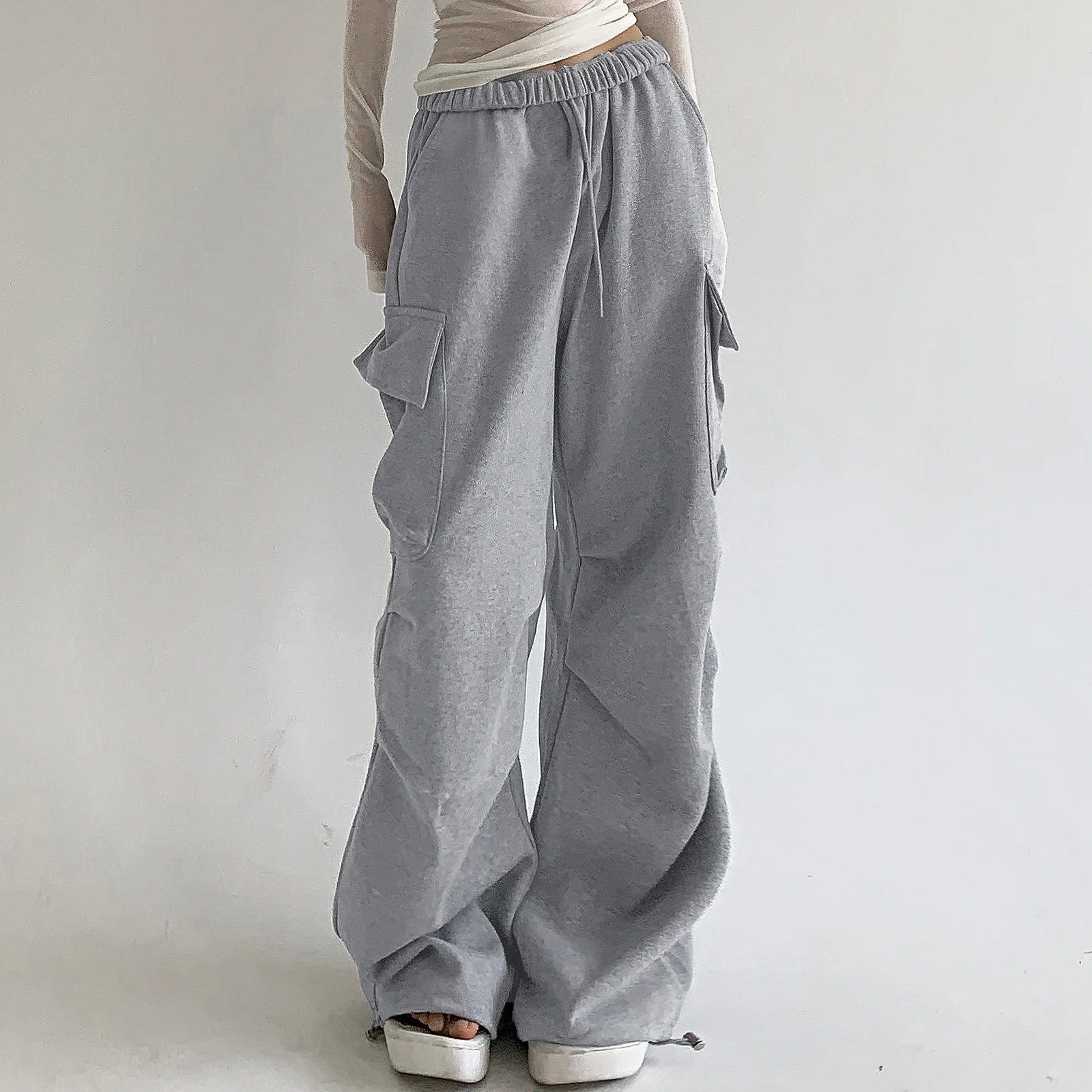 

Women's Baggy Sweatpants 2023 New Fashion Solid Color High Waist Straight Leg Cargo Pants Ruched Trousers with Flap Pockets