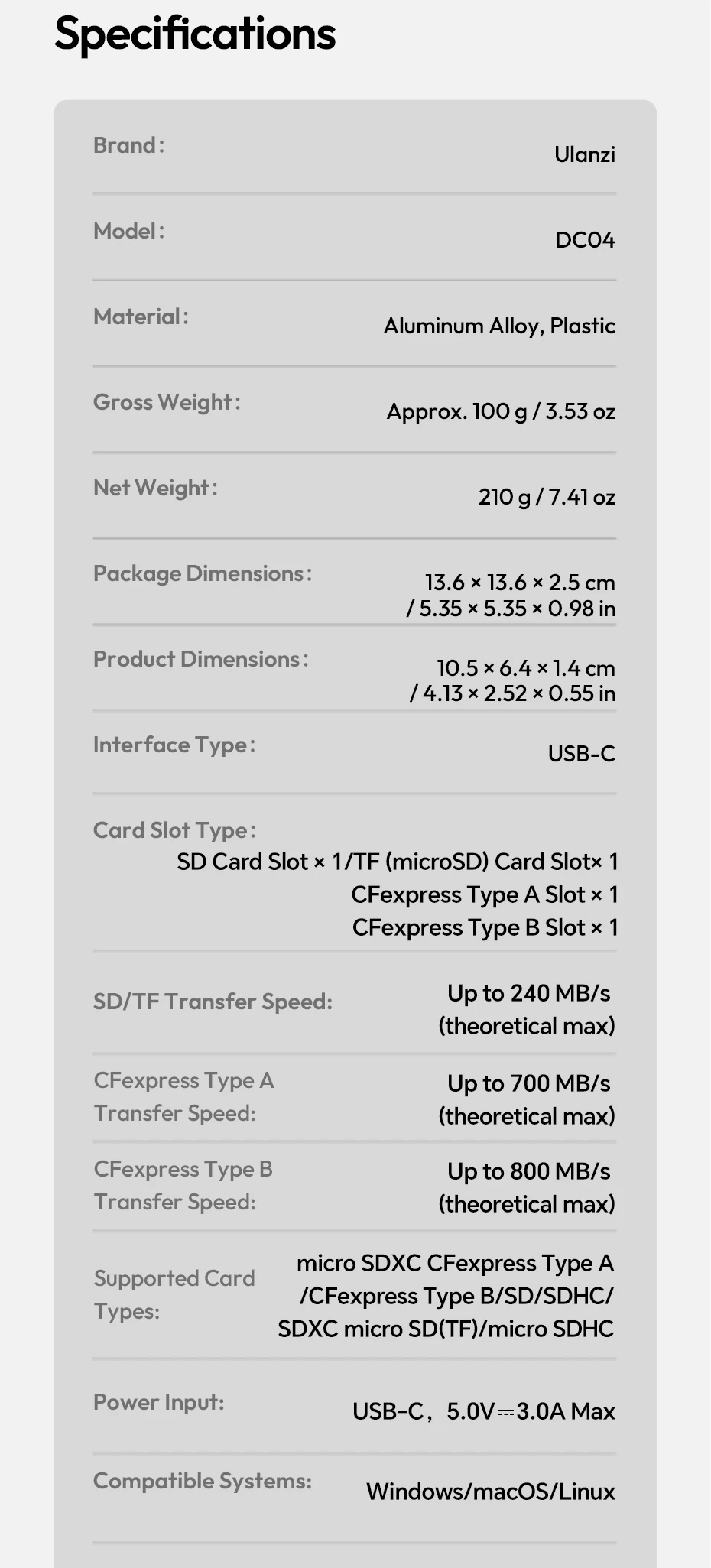 Ulanzi DC04 4-in-1 Kartenleser Tragbarer Metall-Kartenleser für Kamera Laptop Smartphones SD/TF/CFexpress Typ A/B für die Arbeit – Detail 13