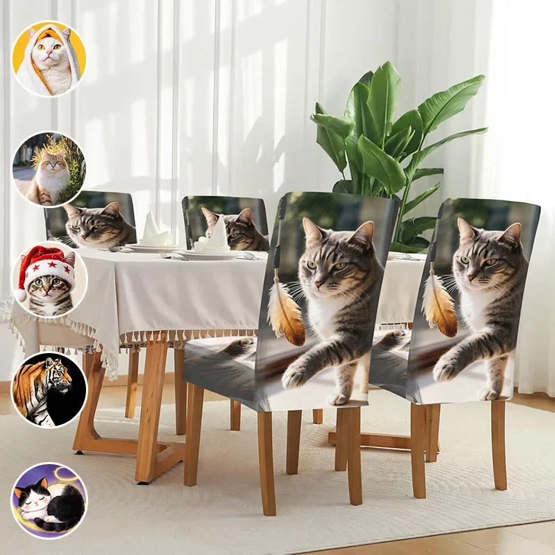 Stretch printed dining chair cover, cute cat tiger pattern, dustproof and non-slip removable and washable dining chair cover