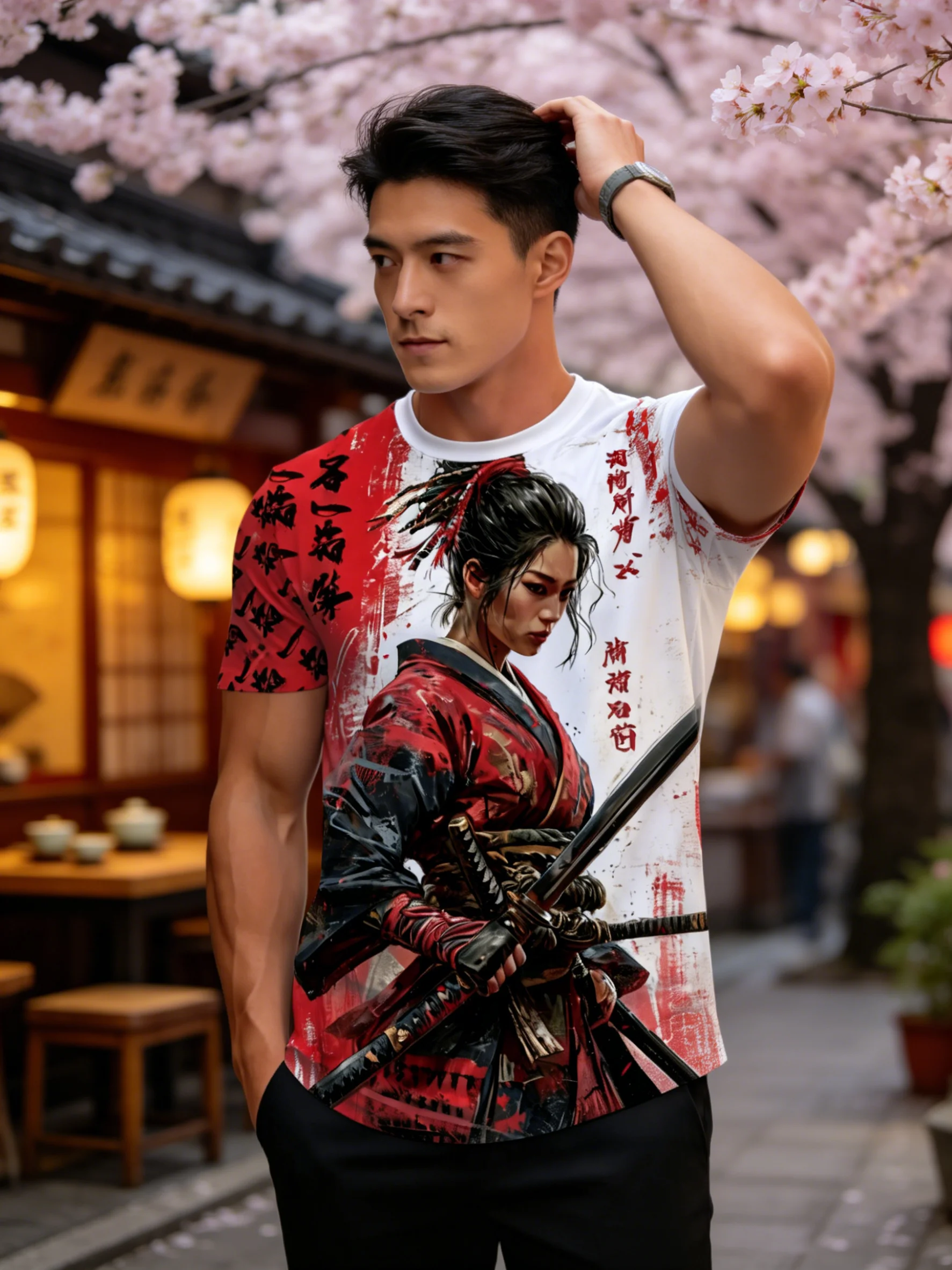 Men's color-block short-sleeve T-shirt featuring a Japanese female warrior graphic; breathable and comfortable for everyday wear